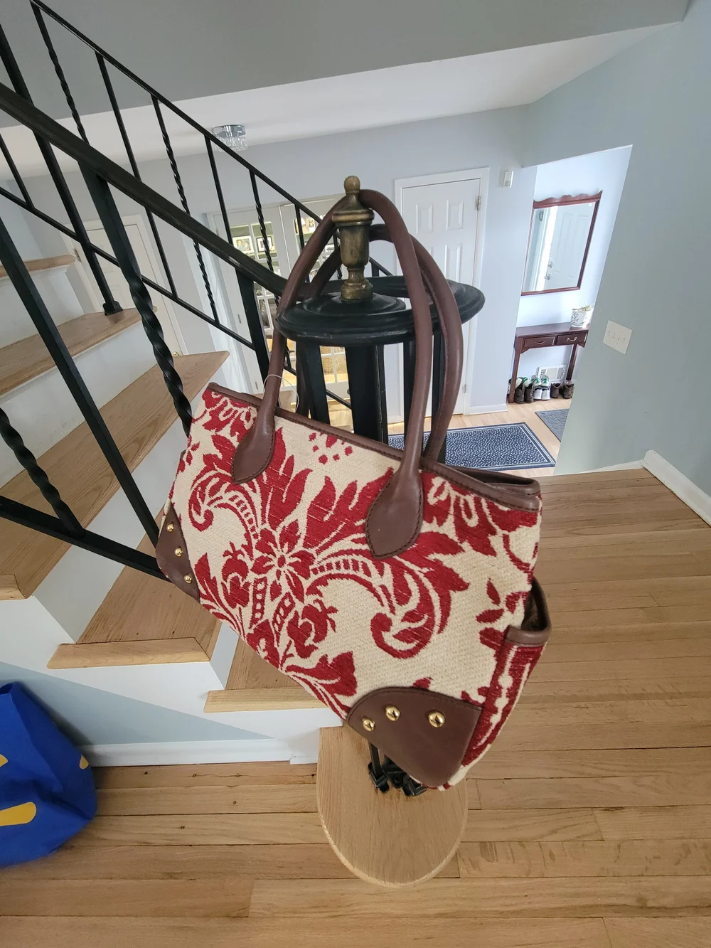 Etienne Aigner Red and Cream Floral Tote Bag with Brown Trim - Picture 2 of 3